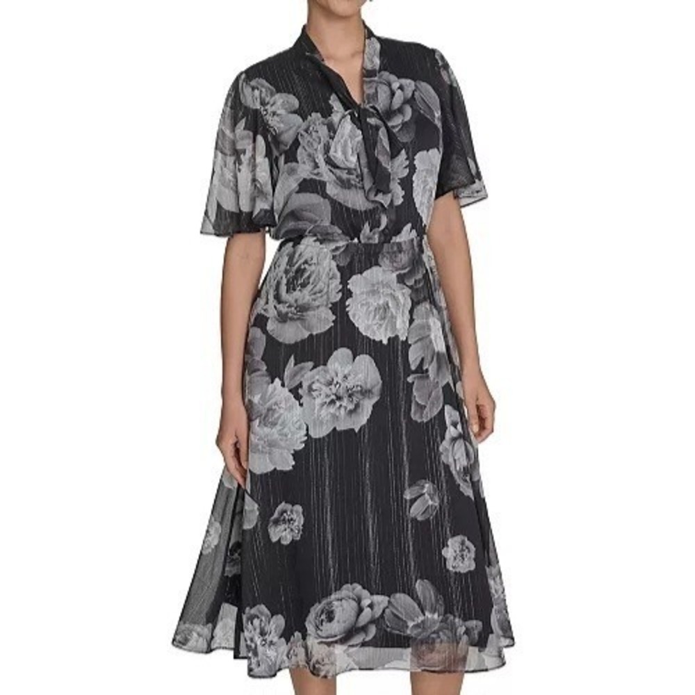 Calvin Klein Printed Floral Tie Neck A Line Flutter Sleeve Dress Womens Size 8